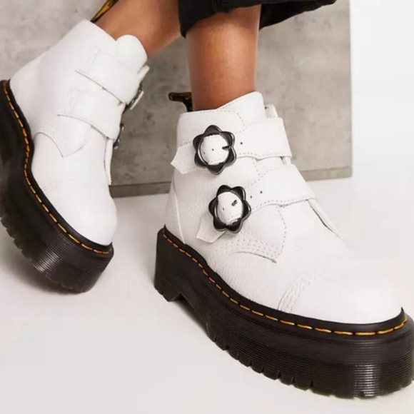 Dr. Martens Shoes - Doc Dr. Martens Air Wair DEVON Flower Buckle White Leather Platform Boots Wm's